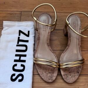 Schutz NWT gold sandals with ankle strap and block heel
